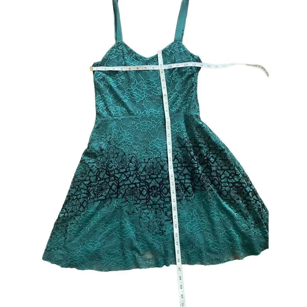 Free People Strap Mini Flare Dress Green‎ Floral Lace Black Velvety Detail
